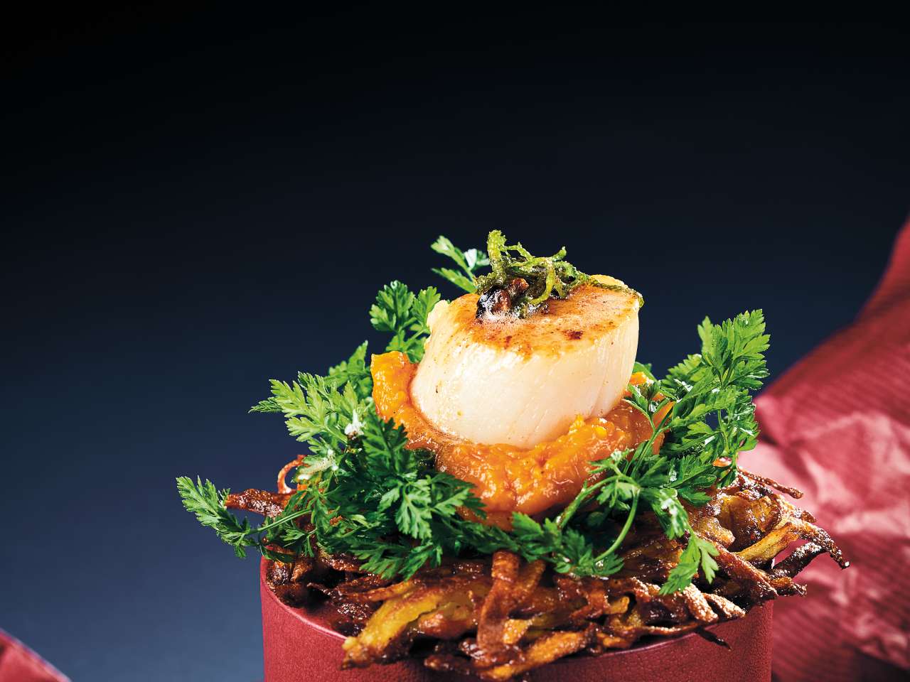 Jakobsmuschel mit Kürbispüree auf Rösti