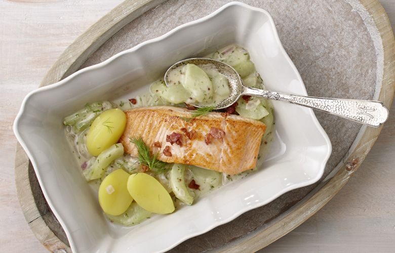 Bio-Lachsfilets mit Schmorgurken & Speck Bio-Lachsfilets mit Schmorgurken & Speck
