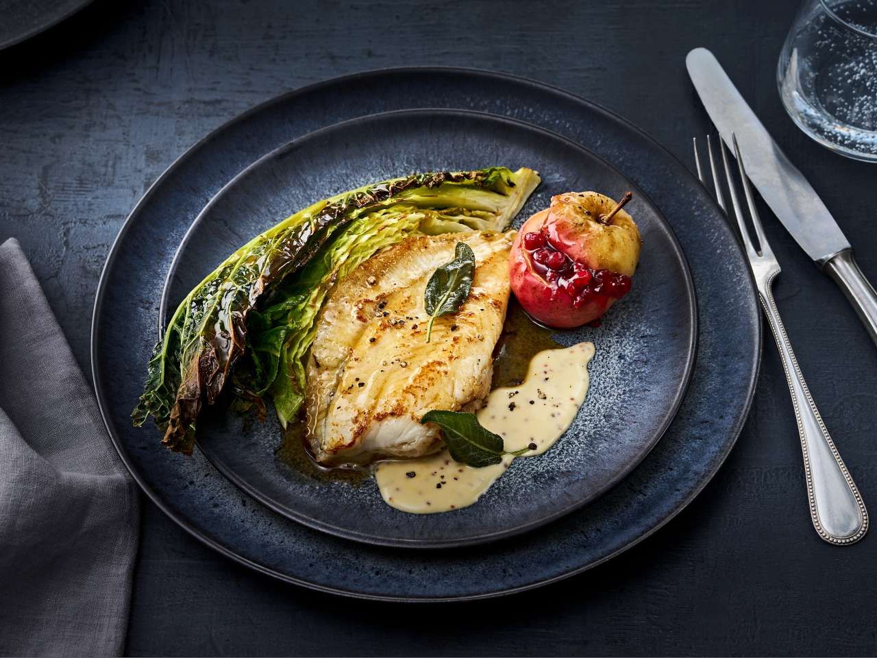 Steinbutt mit Calvadosbutter, Wirsing und Äpfeln