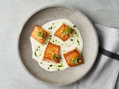 Lachs mit Kerbelöl, Gurkentatar und Weißwein-Sauce