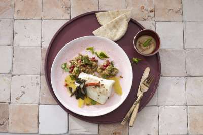 Confierter Kabeljau mit Baba Ghanoush