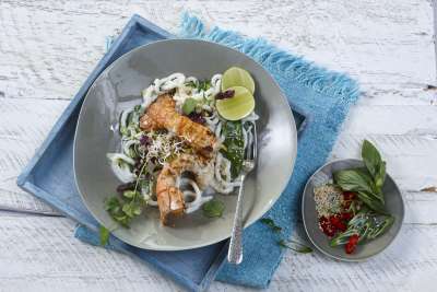 Scampi mit Udon Nudeln, Pak Choi & Koriander