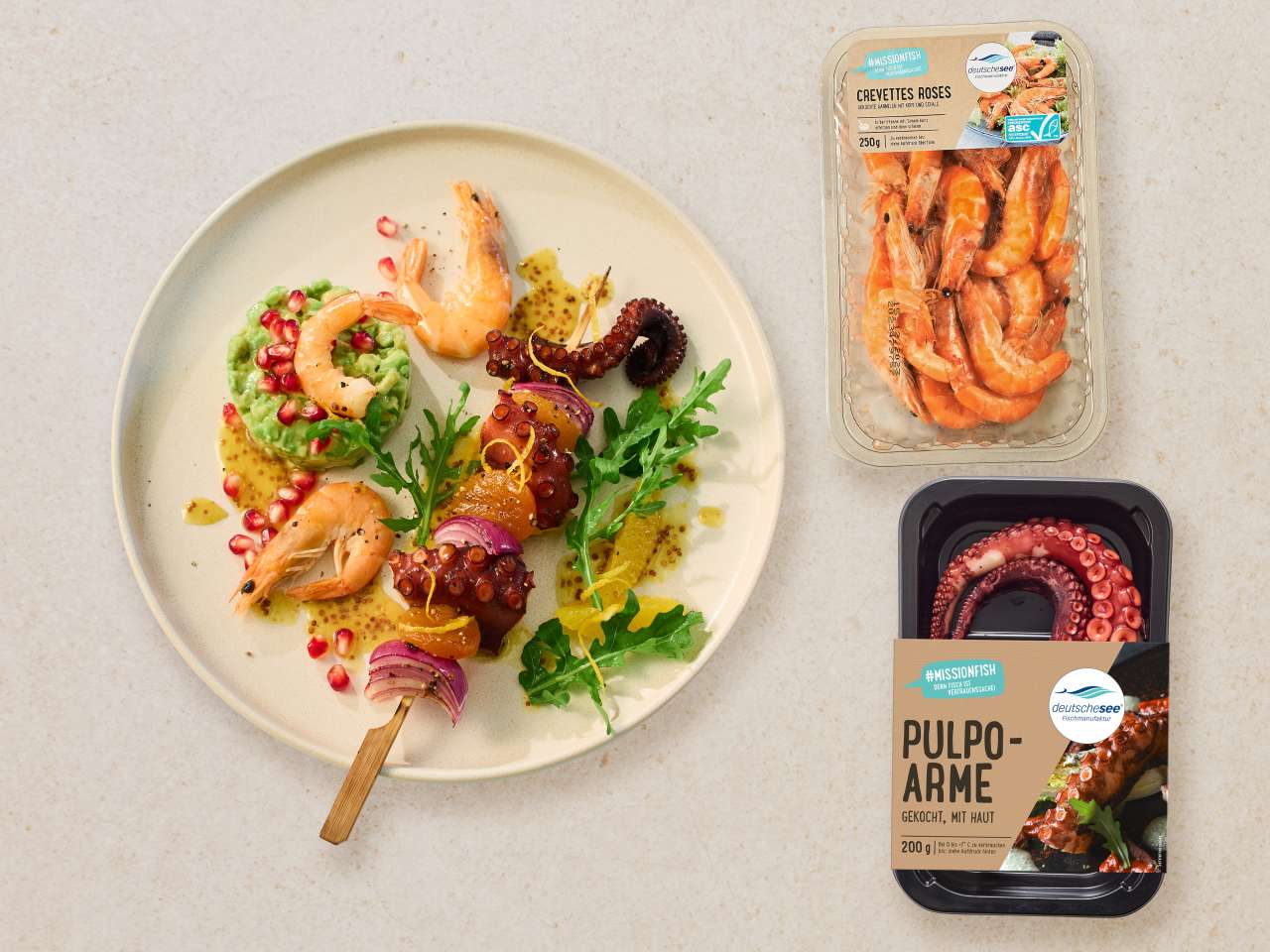 Pulpo-Aprikosen-Spieß mit Orangen-Senf-Dressing 