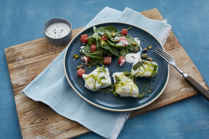 Seeteufel Sous-vide mit Spinat-Melonen-Salat