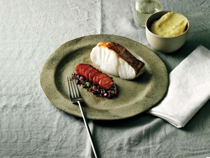 Gebratener Skrei mit Chorizo und Kartoffelpüree