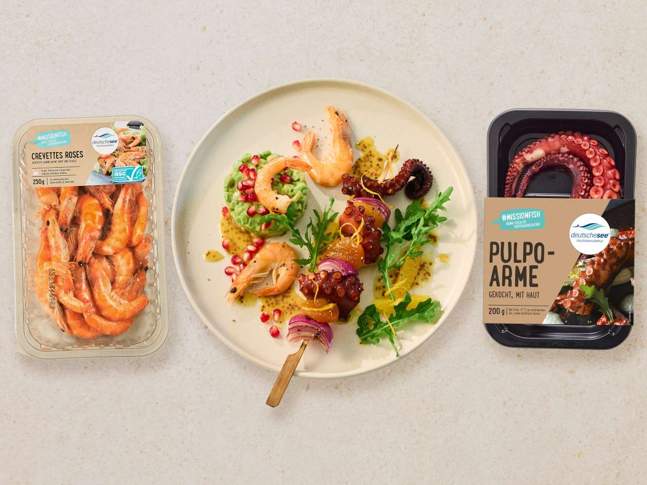 Pulpo-Aprikosen-Spieß mit Orangen-Senf-Dressing 