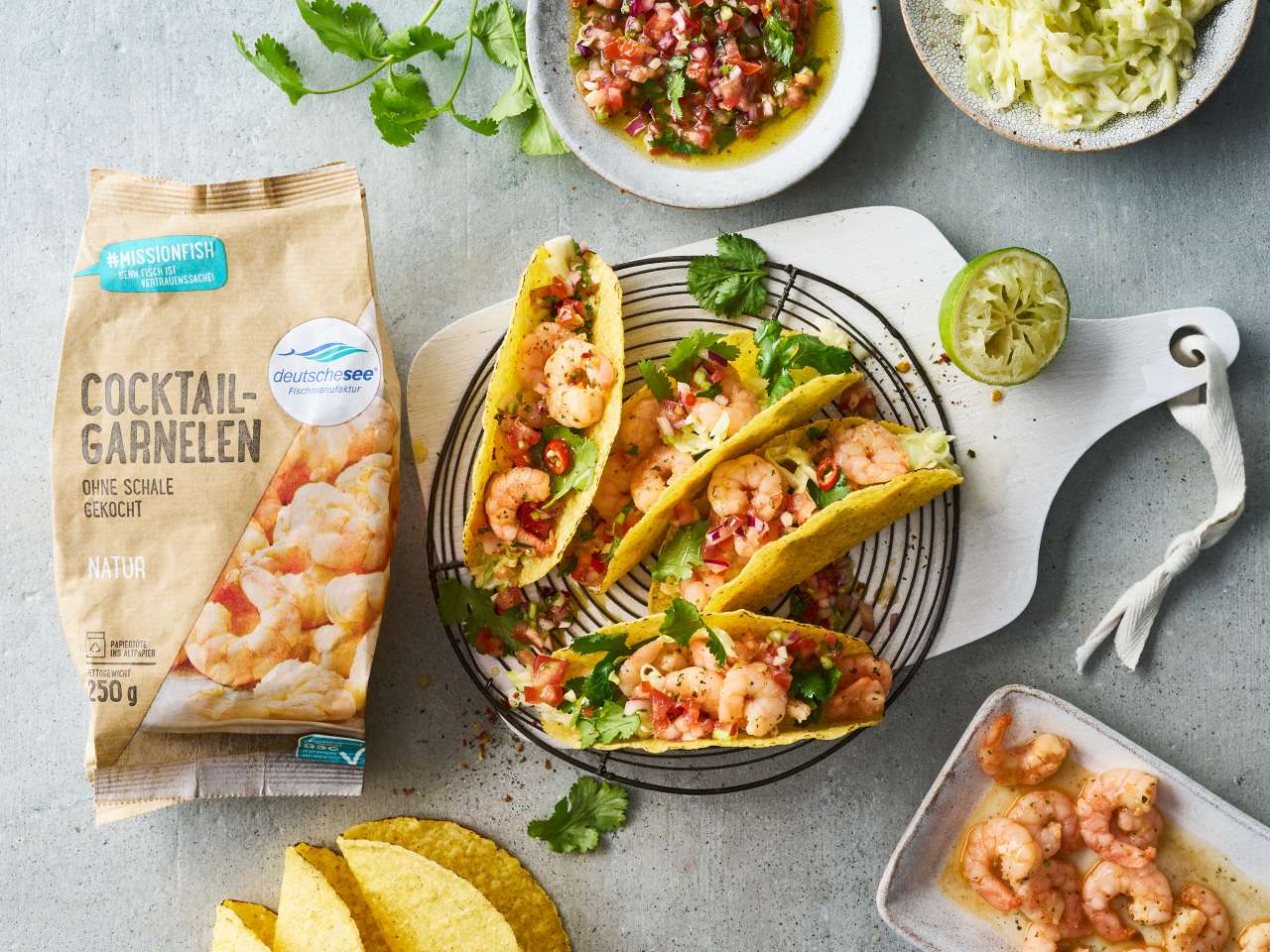 Garnelen-Tacos mit Coleslaw und Salsa Picante